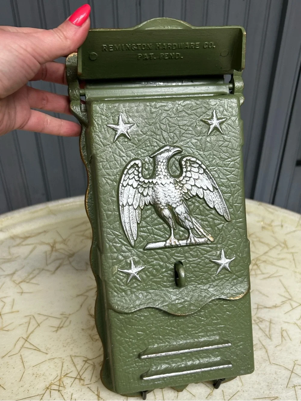 Vintage Remington Hardware Cast Aluminum Eagle Wall Mailbox Olive Green